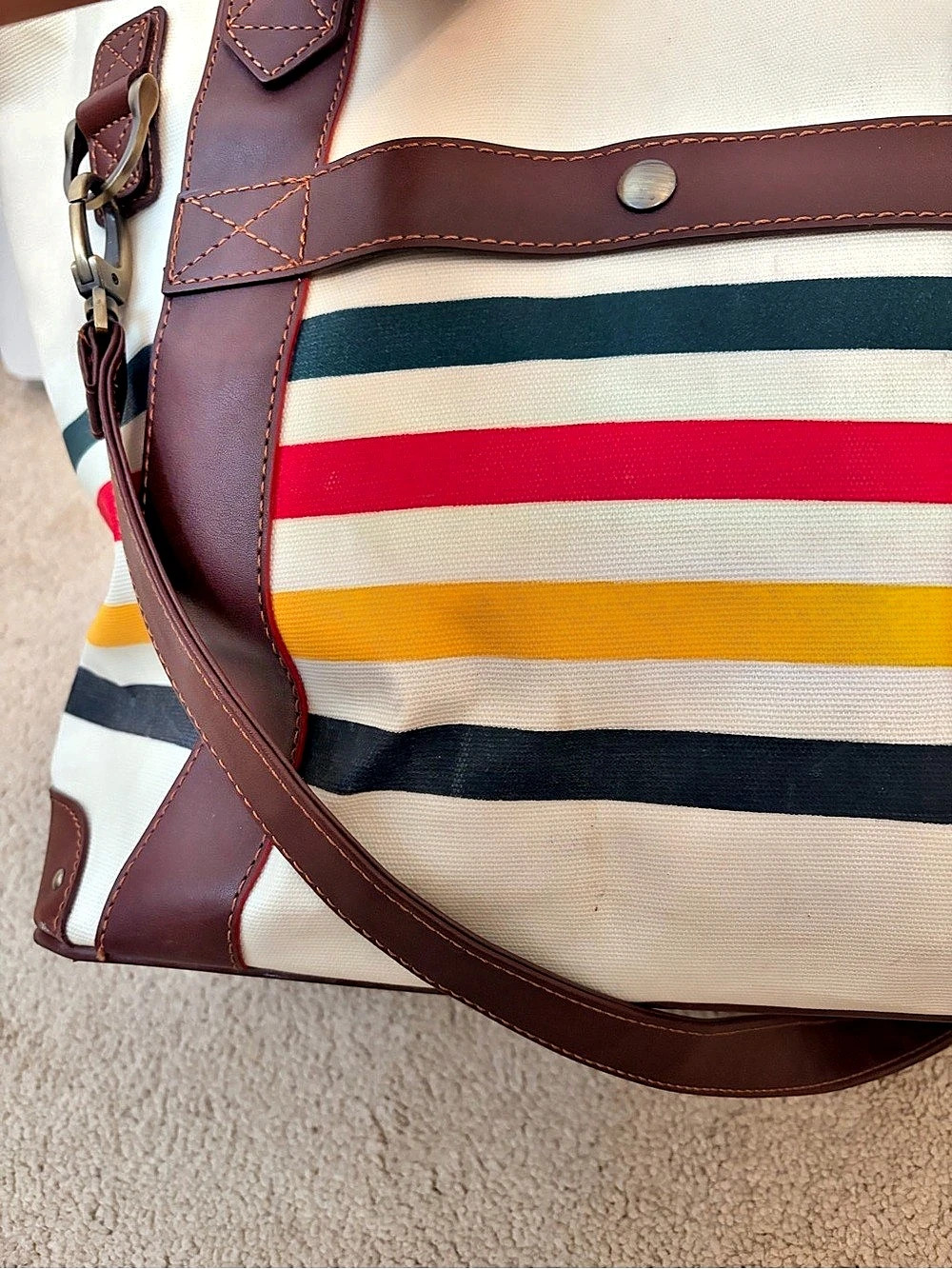 Pendleton Glacier Stripe Long Canvas Weekender Tote Cream & Brown - Picture 7 of 7